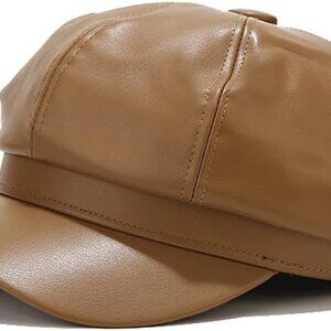 PU Leather Newsboy Cap for Women Solid Color Vintage Cabbie Hat Outdoor Fashion